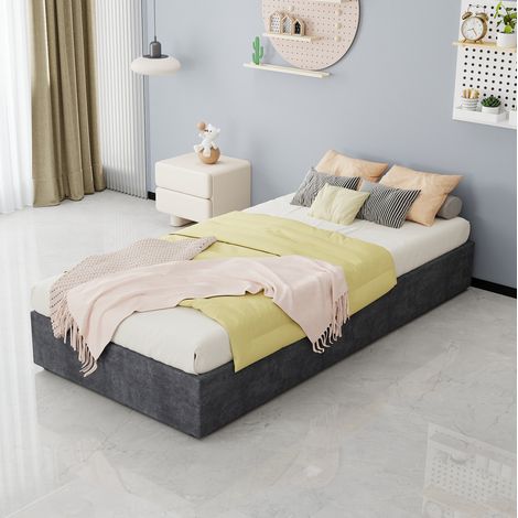 Cama moderna 90x200 cm gris de tela y metal, estructura resistente, sin cabecero (1/5)