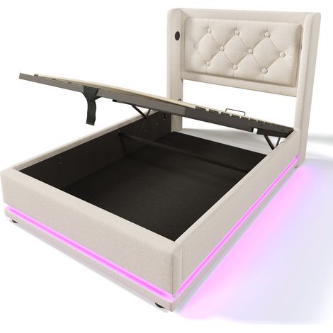 Cama con canapé acolchada beige 90 x 200 cm, LED 3 lados y USB-C (1/5)