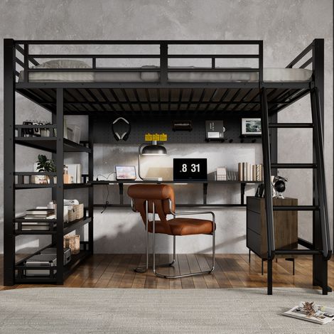 Hochbett Metall & Holz Schwarz 140x200 cm mit Ablagen, Stauraum und Ladeanschluss (1/5)