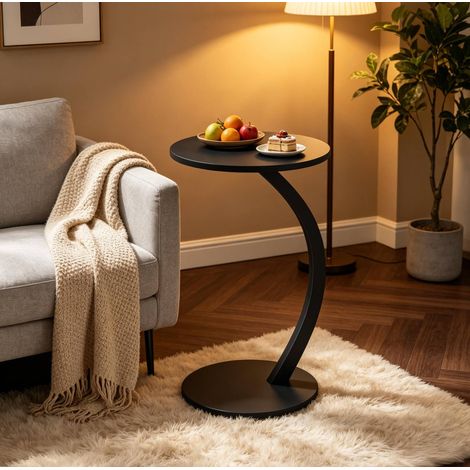 Tavolino laterale a C 40x64.5 cm, piano rotondo, struttura in metallo e MDF, nero (1/5)