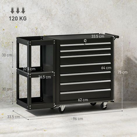 Chariot à outils en acier avec 7 tiroirs, étagère latérale amovible, roues, capacité de charge de 120 kg, noir. (1/5)