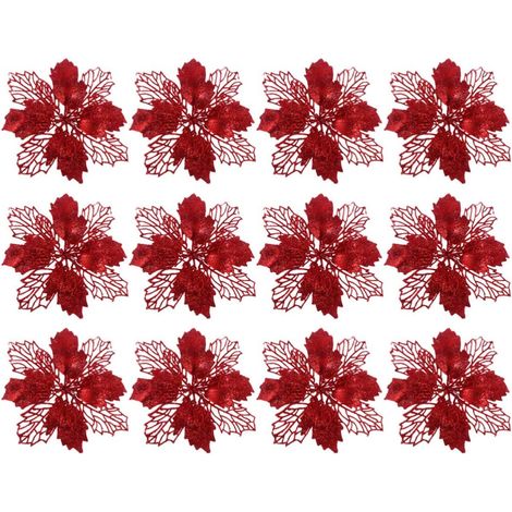 Poinsettia - Décor Arbre De Noël - Fleur Artificielle Scintillante - Pour Guirlande Ou Centre De Table - 12 Pièces (1/5)