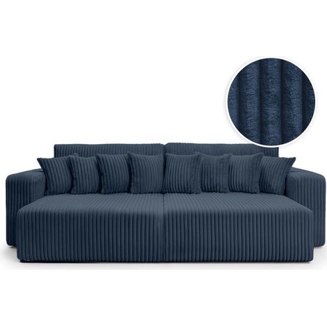 Loungitude – Canapé droit 4 places avec double méridienne – Assise profonde en velours côtelé épais – Confort optimal pour moments de détente – Bleu foncé (1/5)