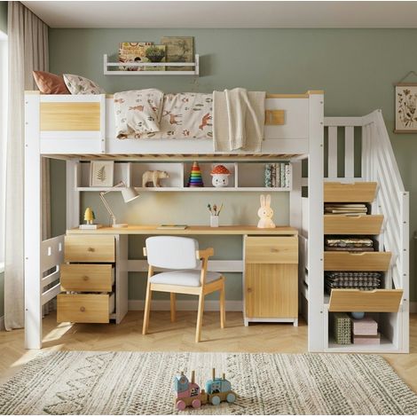 Litera 90x200 cm con escritorio, cajones y almacenamiento blanco OKMYHOME (1/5)