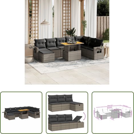 vidaXL Gartentisch mit Beistelltisch -  9-tlg. Garten-Sofagarnitur mit Kissen Grau Poly Rattan