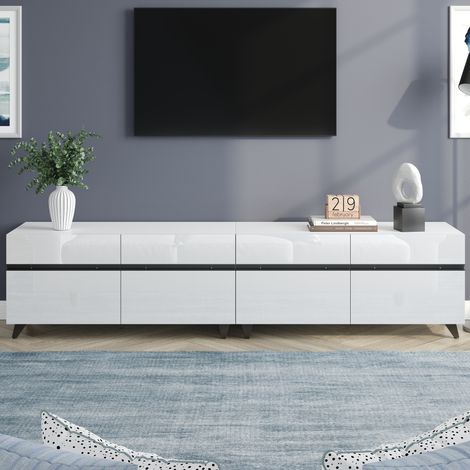 Meuble TV 180x40x49 cm, 4 portes, 8 pieds, blanc brillant (1/5)