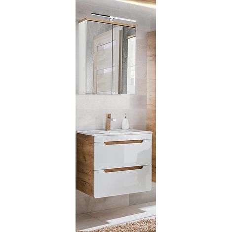 Badezimmer Waschplatz mit 61 cm Keramikwaschtisch LUTON-56 Hochglanz weiß mit Wotan Eiche Nb., B/H/T ca. 60/200/46 cm (1/5)