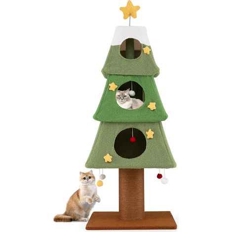 COSTWAY Arbre à Chat XXL de Noël 162 cm, 3 Condos, Ø19 cm Poteau à Griffer en Sisal, Arbre a Chat Maine Coon, Couvercle Amovible, Étoile en Sommet, Tour pour Chaton à 4 Niveaux, Pompons (162 cm) (1/5)