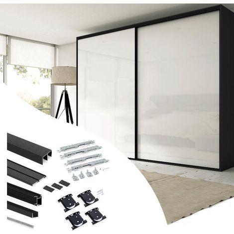 Emuca Kit de herrajes para armario de 2 puertas correderas y cierre suave Placard 74, modelo tirador Sharp, espesor 19mm, tableros no incluidos, Pintado negro