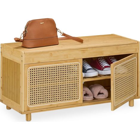 Schuhbank mit sitzflache und turen in rattanoptik