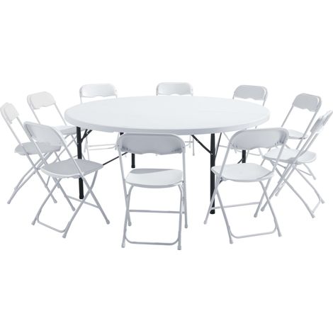 Rekkem – Ensemble table ronde 180 cm et 8 chaises pliantes – Structure acier – Plateau résine – Usage intérieur/extérieur – Poignée de transport (1/5)