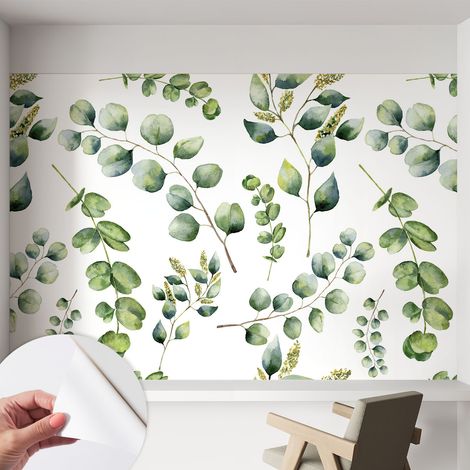 Papier peint autocollant Mural avec colle pour salon et chambre Décoration murale rapide Feuilles vertes 152x104 cm (1/5)