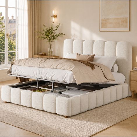 Lit coffre 140x190 cm avec rangement hydraulique et sommier à lattes, tête de lit bouclée blanche (1/5)