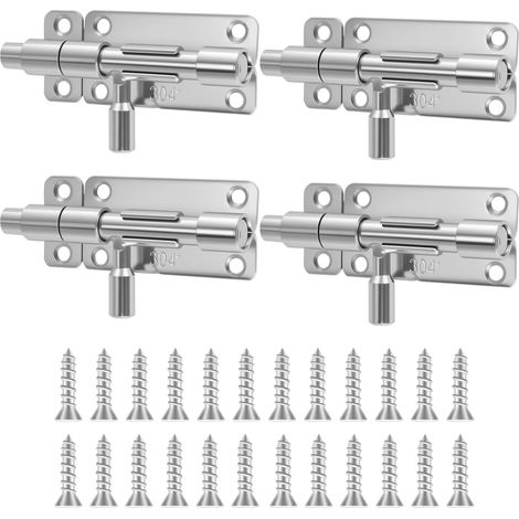 Verrou Porte Exterieur en Acier Inoxydable 304, Lot de 4 Loquet Porte Exterieur avec Vis, Serrure Porte Coulissante pour Portail, Fenêtre et Clôture, Argent (1/5)