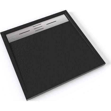 HIEMAL INOX Receveur de douche 80 x 80 cm résine Noir aspect ardoise + bonde inox incluse - Salle de bain (1/5)