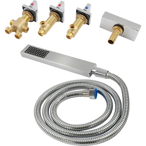 【Chauffage et ventilation】Robinetterie de baignoire cascade avec douchette à main, robinet de bord de baignoire 5 trous pour salle de bain, Tuyau flexible télescopique de 1,5 mètre (1/5)