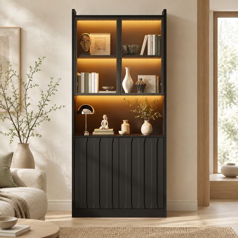 Vitrina alta con LED 80x35x200 cm, 4 puertas y estantes regulables, negra OKMYHOME (1/5)