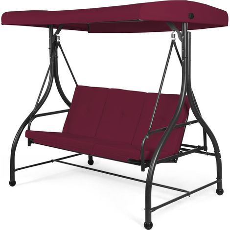 COSTWAY Patio Swing 3-Person Convertible Canopy Swing w/Cushion Seats-Wine (1/5)
