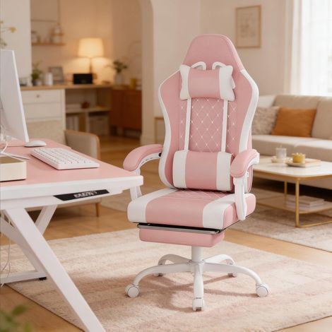 Silla de oficina gaming ergonómica con masaje, reposapiés, rosa y blanco (1/5)