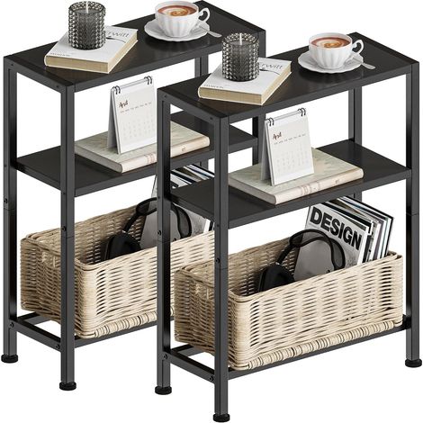 Narrow Side Furniture 2 Small Black Bedside Table with 3 Shelves Narrow with Storage Space for Sofa, Small Spaces, Living Room, Bedroom, Kitchen, Balcony (1/5)