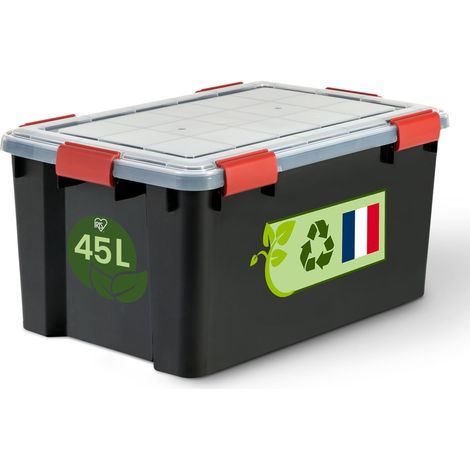 Boite Rangement Hermétique Plastique, 45L, Noir, Couvercle, Joint Etanche, Clips de Fermeture, Empilable, pour Exterieur, Garage, Vetement, Anti Poussiere, WSB-45 (1/5)