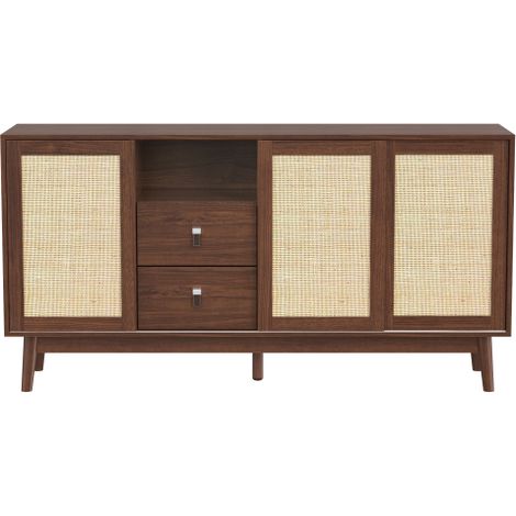Buffet rotin 3 portes coulissantes, 2 tiroirs, 155×38×80 cm (1/5)