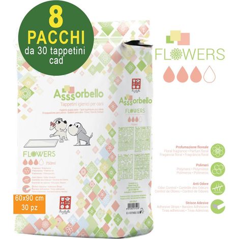 240 Tapis hygiéniques pour chiens Asssorbello Flower 60x90 cm - 8 paquets de 30 chacun