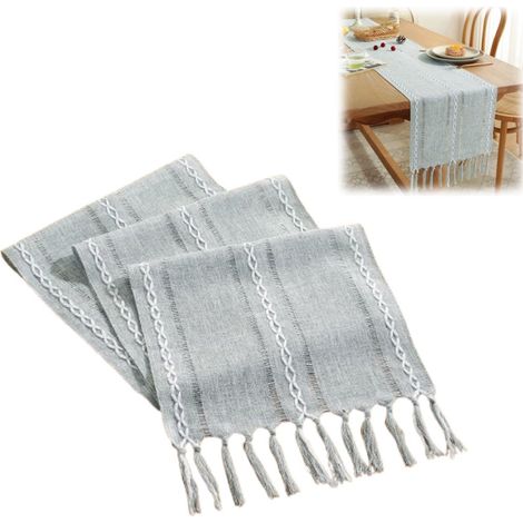 Chemin de table tissé 1 pièce à rayures avec motifs ajourés et pompons, style champêtre et bohème, 33 × 228 cm, décoration de table pour fêtes, Noël, dîners entre amis et anniversaires, gris (1/5)