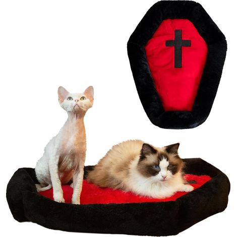 Lit Chat Cercueil Gothique Fantasreen 61x43cm Rouge Lavable, Déco Halloween, Petit Chat Jusqu'à 10kg (1/5)