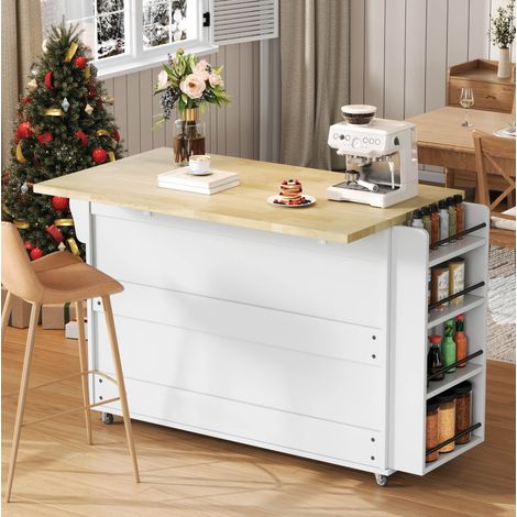 Isola cucina mobile con piano ribaltabile 120 x 45/70 x 88,4 cm in MDF bianco e legno (1/5)