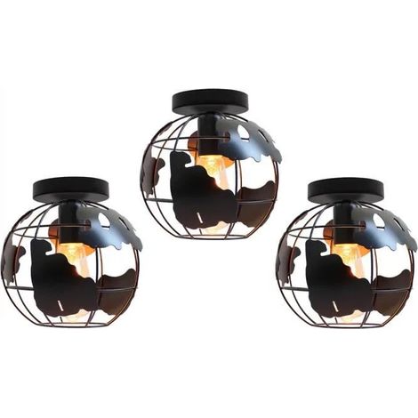 U-Do 3Pcs Plafonnier Industriel Créatif E27 20CM Vintage Lampe de Plafonde Cage en Fer Noir (1/4)