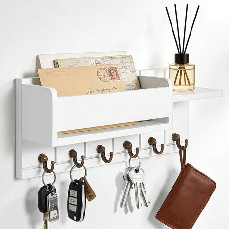 Plaque à clés avec étagère - Contient un porte-lettres et 6 crochets - Étagère murale décorative en bois - Pour entrée, couloir, chambre à coucher, salon - Blanc (1/5)