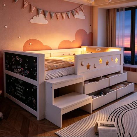 Etagenbett 90/200 cm mit LED, Tafeldesign und 4 Schubladen (1/5)