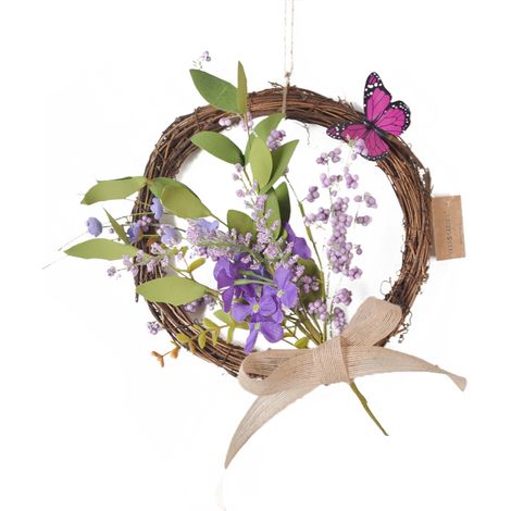 Couronne Fleurs EVA Vannerie 25cm Décoration Murale Mariage Fête Maison, Pétale Marguerite et Statice, Papillons Amovibles, Couleur Au Hasard -KZQ (1/2)