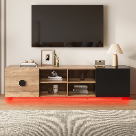 Meuble TV bois et noir avec tiroir niche ouverte placard fermé étagères à niveaux rangement salon moderne scandinave design chic