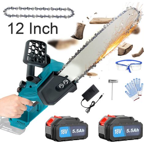 Tronçonneuse électrique filaire,Tronçonneuse sans fil 12" sans balais, puissante scie à bois, huileur automatique, 2 batteries 5,5 A + chargeur, compatible avec batterie Makita