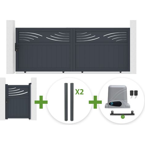 Portail coulissant 3,7m HALTI H.140cm aluminium gris + 4 poteaux ELDA + Portillon 1m HALTI H.140cm aluminium gris + motorisation Ranger C300 (1/5)