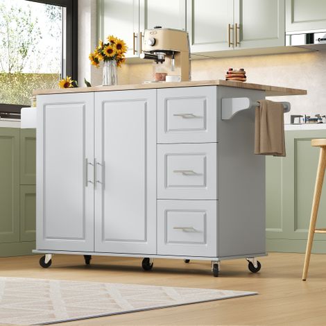 Grand îlot de cuisine mobile — Plan de travail en chêne, design pliable, meuble de rangement multifonctionnel (doté de 3 tiroirs et d'un porte-serviettes) — Idéal pour les cuisines, les espaces repas 