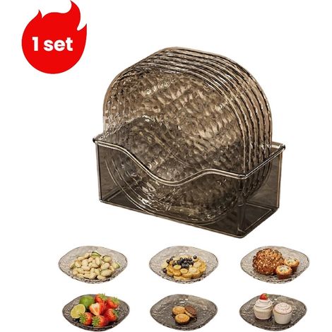 ensemble - Assiettes - Tableau d'affichage en os - Petites assiettes transparentes à motif ondulé - Assiettes à fruits et à apéritifs - 6 assiettes - 1 boîte de rangement - Gris transparent (1/5)