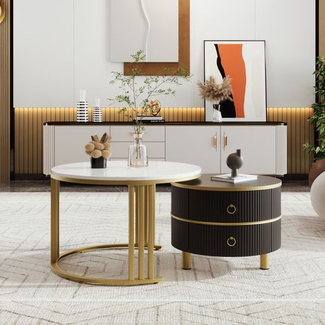Lot de 2 tables basses gigognes rondes effet marbre laqué avec 2 tiroirs et structure en métal doré, tables d'appoint de salon modernes, Ø 70 cm et Ø 50 cm - noir (1/5)