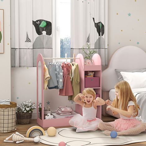 Porte-manteau pour enfants avec étagères, boîtes en bois et miroir. Rose.
