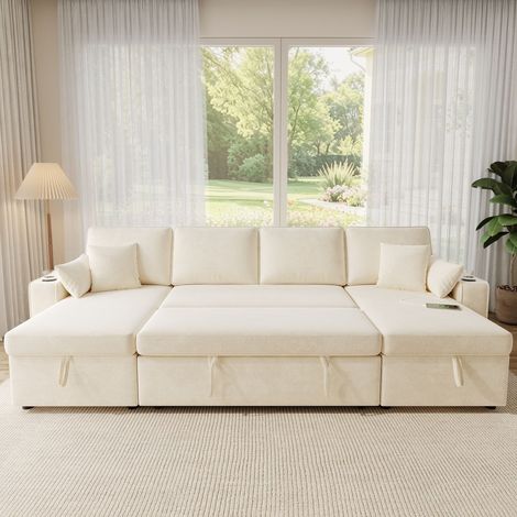 Canapé d'angle en U 270 x 125 x 86 cm convertible lit double méridienne avec coffres USB-C porte-gobelets chenille beige salon chic