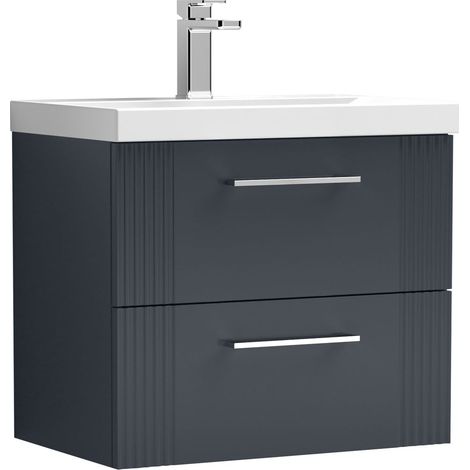 Belvide Partial Fluted 2 Drawer Wall Hung Vanity Unit with 1 Tap Hole Thin-Edge Basin- 600mm - Satin Dark Grey
