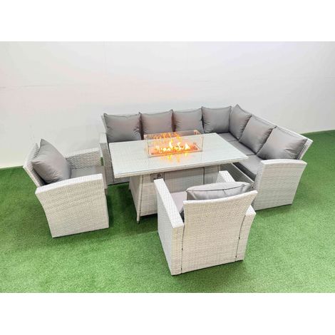 Fimous Rattan Corner Sofa Chair Set Outdoor Furniture Garden Dining Set Gas Fire Pit Table with Temper Glass Light Grey Mixed (1/5)