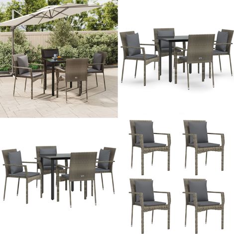 5-tlg. Garten-Essgruppe mit Kissen Schwarz und Grau Poly Rattan - Gartenessgruppe - Gartenmöbel (1/5)