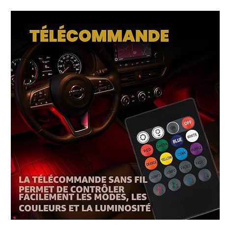 Éclairage Intérieur de Voiture LED Autocollant pour Voiture 4 Bandes RGB, Kit D'éclairage, 48 LEDs, 8 Couleurs, Télécommande, Résistant à l'eau (1/4)