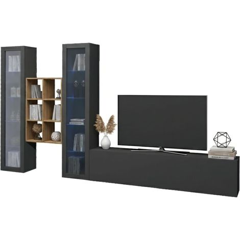 Dmora - Pared Equipada Dcorrei, Conjunto de salón Mueble de TV con 3 puertas, Mueble de salón polivalente con vitrina y luz LED, 100% Made in Italy, cm 320x30h180, Antracita