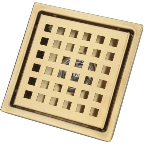 Filtre anti-odeurs de douche avec siphon en acier inoxydable, grand diamètre (150 x 150 mm), couleur or, idéal pour les salles de bains avec sols brossés. (1/5)