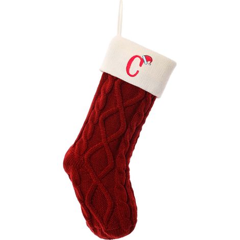 Chaussette De Noël - Tricotée En Laine - Brodée Avec Initiale - Pour Décoration De Sapin Ou Cheminée - 45 X 22 Cm - Rouge Et Blanc - 1 Pièce (1/5)