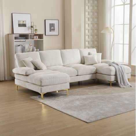 Canapé d'angle 4 places en U – Tissu chenille doux et confortable – 15cm Pieds en métal – beige – Dimensions 474×136×88cm (1/5)